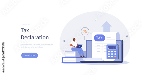 Taxes. Character filling tax declaration form online on laptop. Taxation planning concept. Vector illustration.
