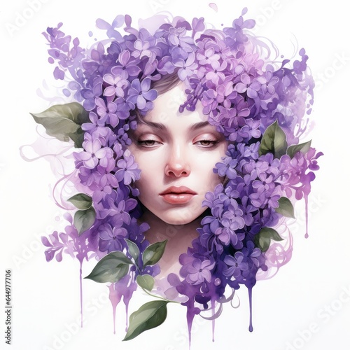 Purple violet watercolour portrait of pretty woman with lilac flower in her hair on white background. Floral blossom concept