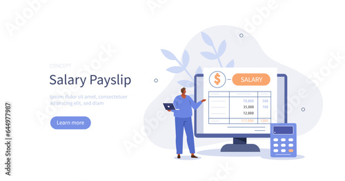 Financial administration. Character calculating and filling salary payslip. Business accounting, organization and audit concept. Vector illustration.