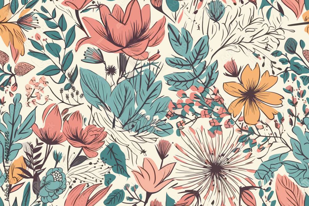Vector art painting illustration flower pattern. textile, ornamental, ornate, hand drawn, drapery, curl, watercolor, trendy, painting, repeat, fancy, elements, diverse, deco, stain