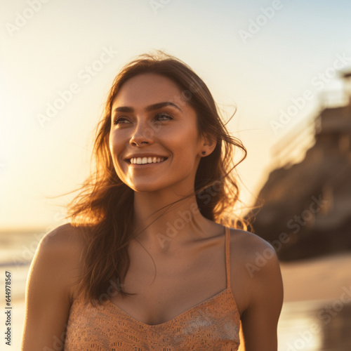 "Graceful model poses on sunny beach, epitomizing seaside beauty and allure