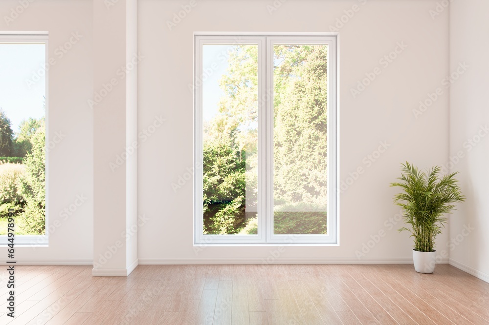 White empty room with summer landscape in window. Scandinavian interior design. 3D illustration White empty room with summer landscape in window. Scandinavian interior design. 3D illustration