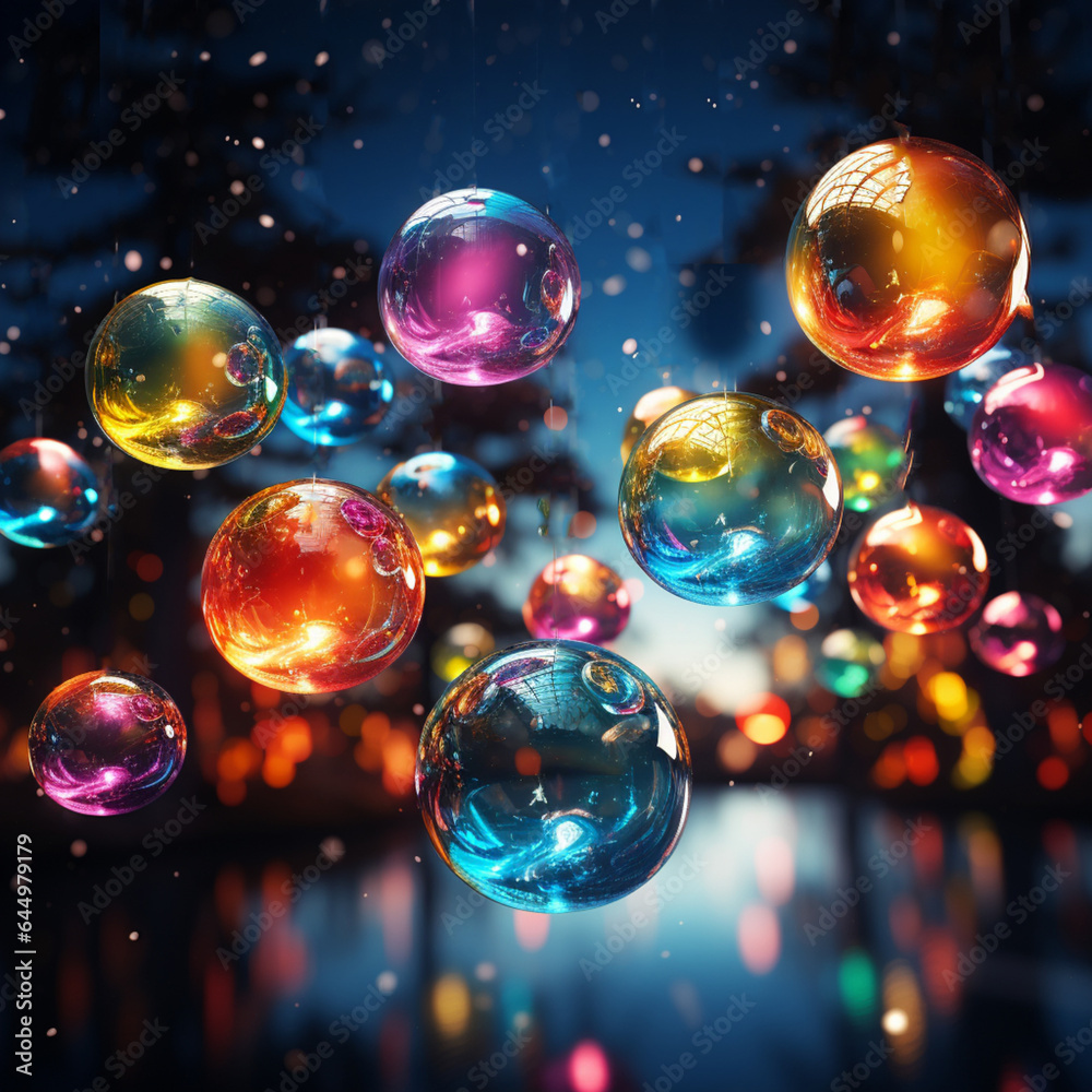 Shiny transparent neon colored Christmas baubles flying. Surreal season greetings concept. Generative AI Shiny transparent neon colored Christmas baubles flying. Surreal season greetings concept. Generative AI