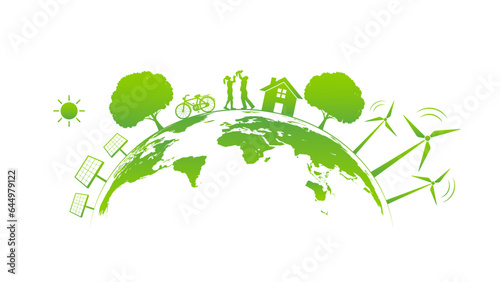 Ecology concept with green city on earth, World environment and sustainable development concept, vector illustration, vector illustration