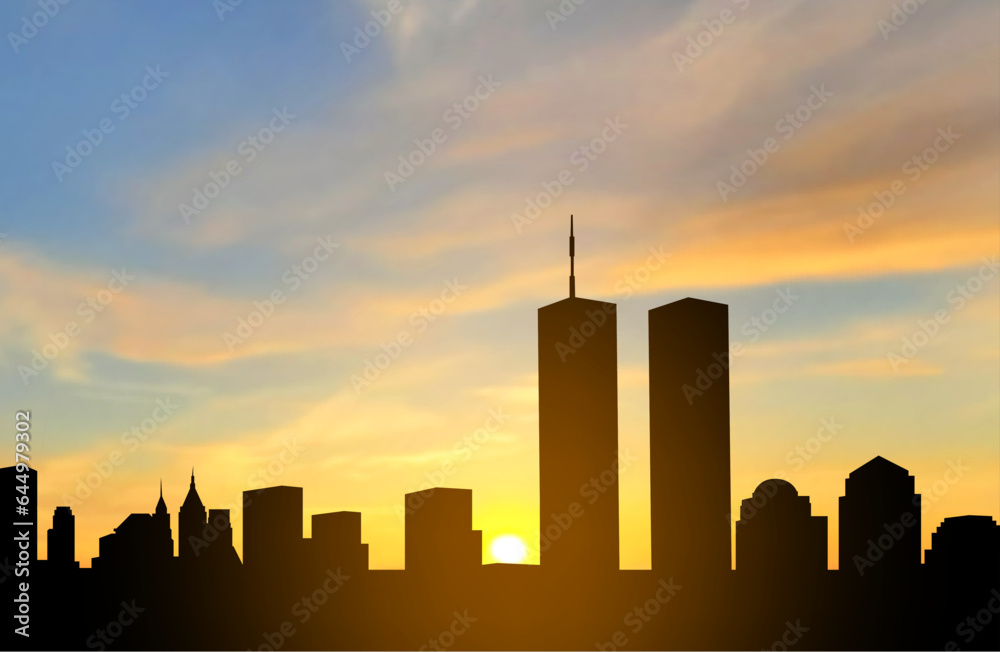 New York City Skyline with Twin Towers. World Trade Center. 09.11.2001 American Patriot Day banner. EPS10 vector