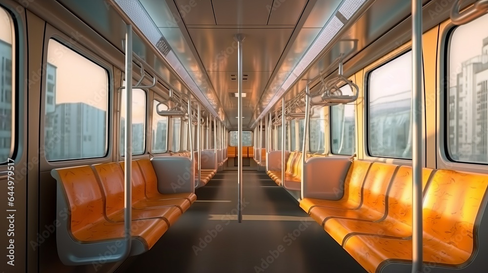 Tram interior with empty seats in public city transport