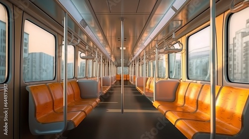 Tram interior with empty seats in public city transport