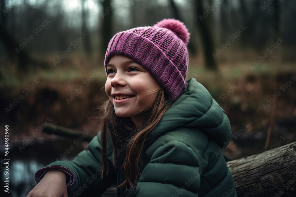A girl sitting on a log in a forest and smiling A girl sitting on a log in a forest and smiling