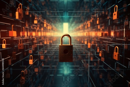 Cryptography and Blockchain: lock and key on dark background.