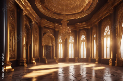 A realistic fantasy interior of the royal palace golden palace. castle interior. Fiction Backdrop