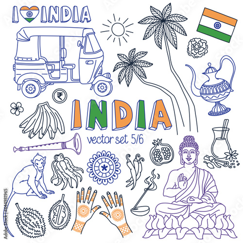 India doodle set. Traditional symbols of Indian culture and Buddhism, national food and landmarks. Drawings isolated on white background. Outline stroke is not expanded, stroke weight is editable