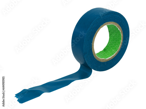 Blue scotch tape or sticky tape on a white background close-up