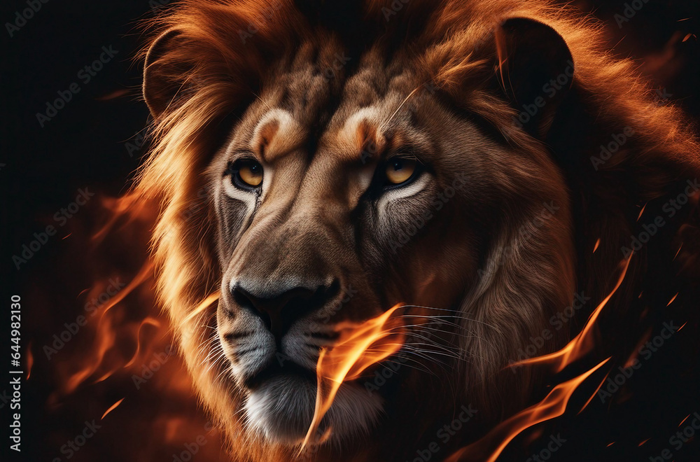 Lion king in fire, Portrait on black background, Wildlife animal Danger concept