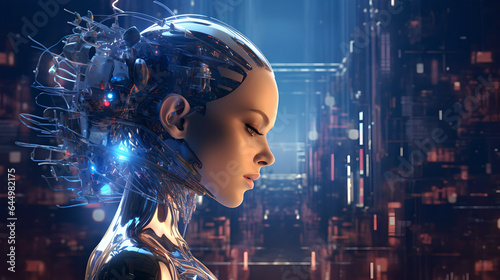 an illustration of artificial intelligence  side view  interdimensional cybernetics  an advanced humanoid woman surrounded by a processor and data transmission facilities  surrealism