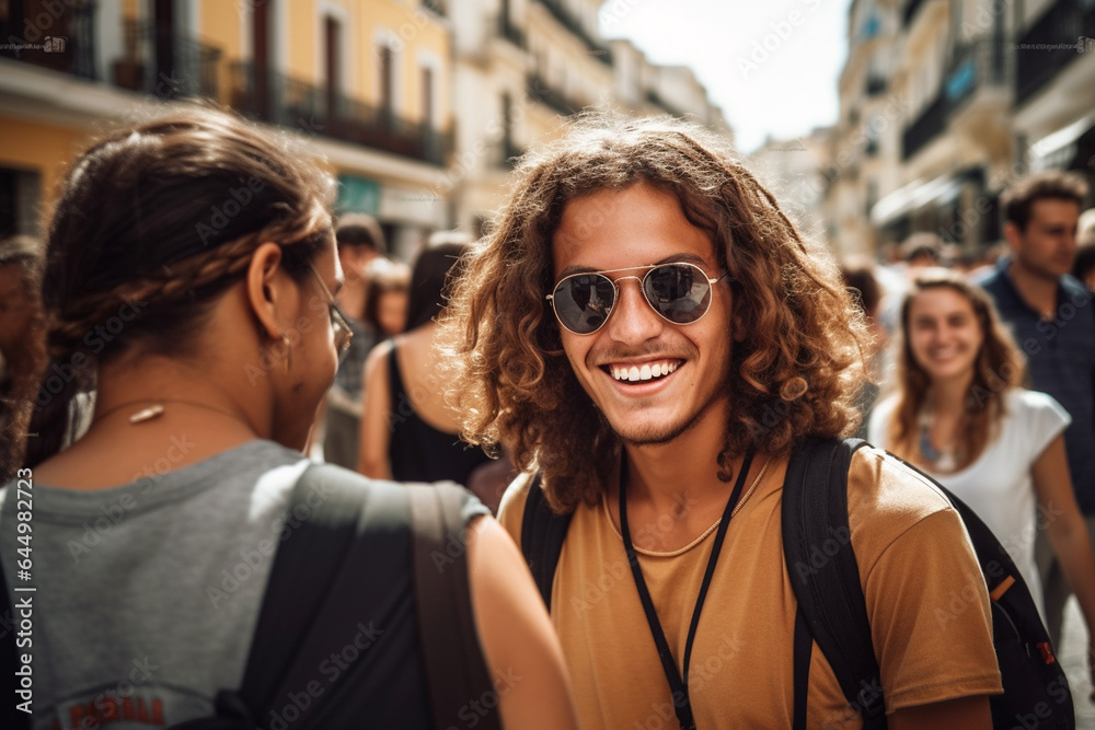 everyday life in the life of a young adult woman and man, tourists or backpackers or city trip or on vacation or excursion, in a city everyday life in the life of a young adult woman and man, tourists or backpackers or city trip or on vacation or excursion, in a city
