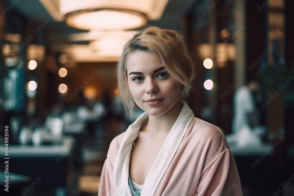 Everyday life in the life of a young adult woman, wearing a bathrobe, relaxed and in a good mood, fictional place Everyday life in the life of a young adult woman, wearing a bathrobe, relaxed and in a good mood, fictional place