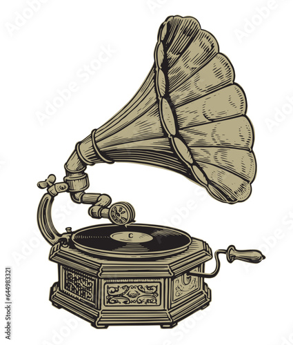 Retro wooden musical gramophone with brass horn speaker. Vintage turntable. Sketch vector illustration