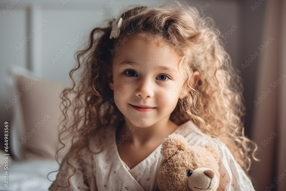 a toddler, a child girl, at home in the children's room sitting on her cot, with a cuddly toy, a teddy bear a toddler, a child girl, at home in the children's room sitting on her cot, with a cuddly toy, a teddy bear