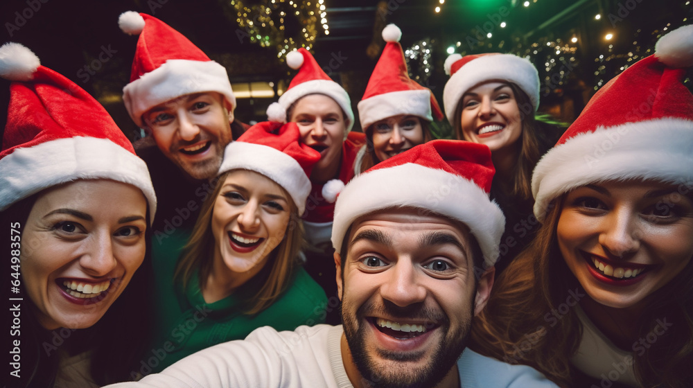 Group of people take selfie in Santa Claus hats . Generative Ai Group of people take selfie in Santa Claus hats . Generative Ai