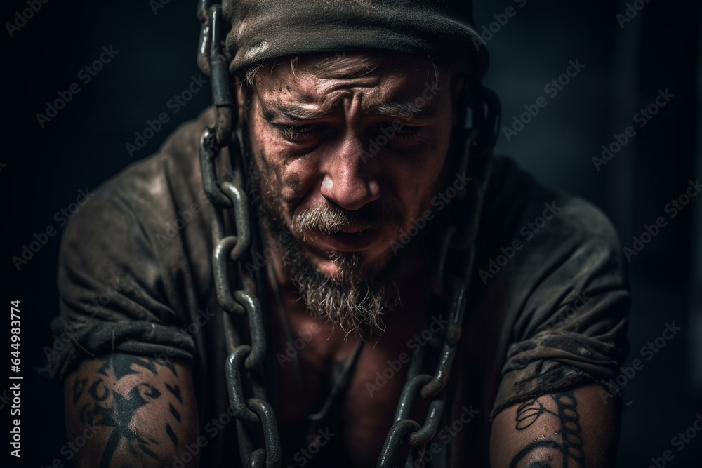 abstract, adult male, man with metal chains on his body, captivity of a prisoner, fictional situation and location abstract, adult male, man with metal chains on his body, captivity of a prisoner, fictional situation and location