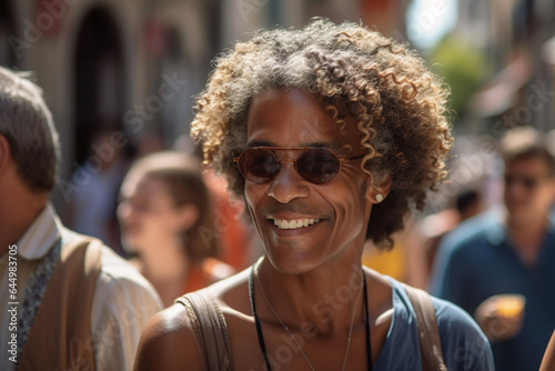 Mature adult man, in summer with warm summer temperatures, outside in a city in the pedestrian zone, dark skin or black people or African-American, fictional place © wetzkaz