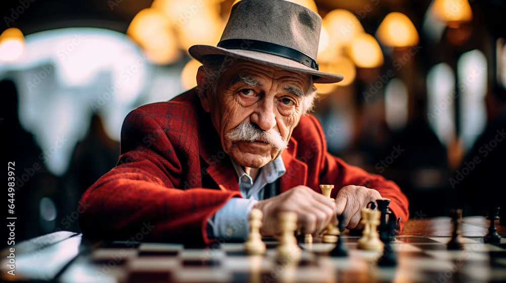 oldman hat chess restoraunt - obrazy, fototapety, plakaty 