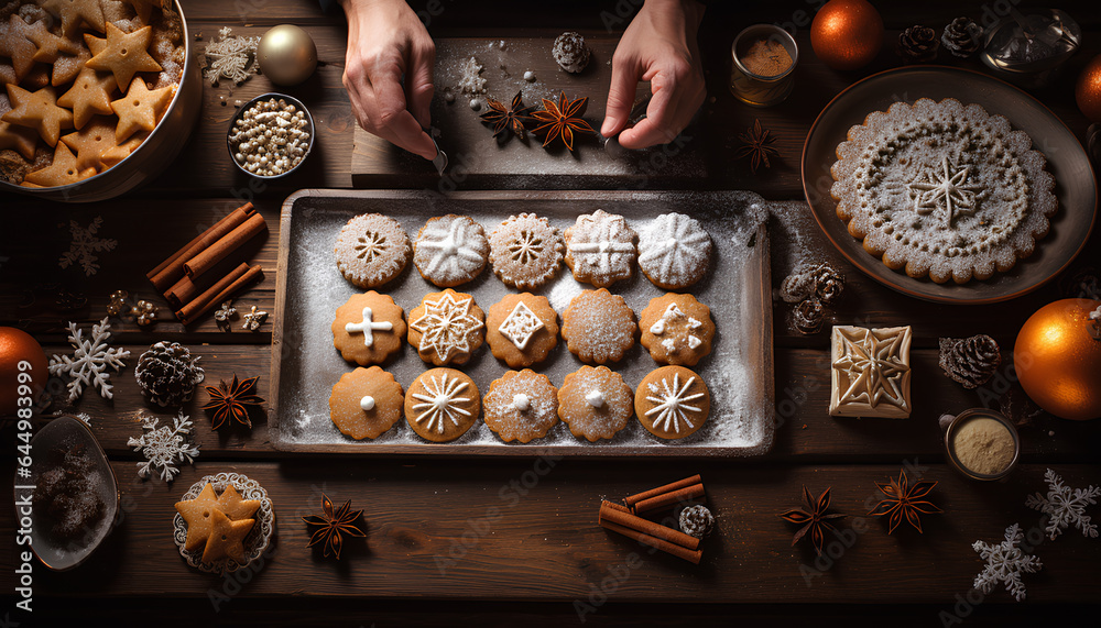 Christmas gingerbread recipe. Table with gingerbread. Kitchen. Christmas mood. Generative AI Christmas gingerbread recipe. Table with gingerbread. Kitchen. Christmas mood. Generative AI