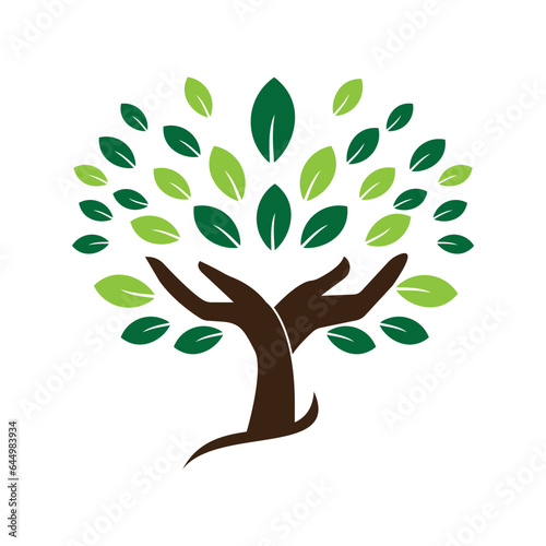 Human hands and tree with green leaves