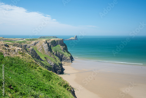 Rhossili Bay Beach, Wales, United Kingdom, Europe. White sandy beach and cliffs.