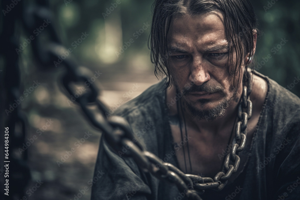 abstract, adult male, man with metal chains on his body, captivity of a prisoner, fictional situation and location