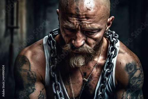 abstract  adult male  man with metal chains on his body  captivity of a prisoner  fictional situation and location