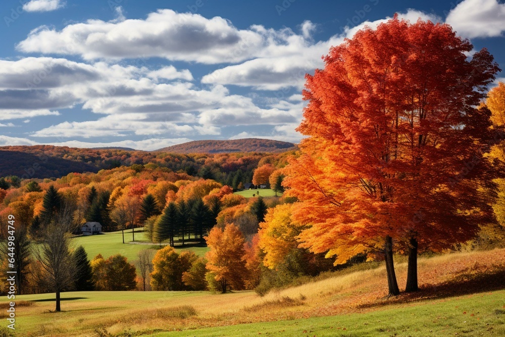 Vibrant autumn trees over Vermont's hilly landscape, showcasing peak fall foliage in sunny New England. Generative AI