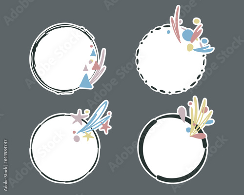 Festive frames, borders stickers pack. Hand drawn paint brush doodle line strokes, colorful palette. Circle wreath geometric shape. Empty frame, white text space background