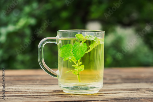 glass Cup of tea with mint leafs on wooden table. Healthy melissa tea natural organic aromatic drink