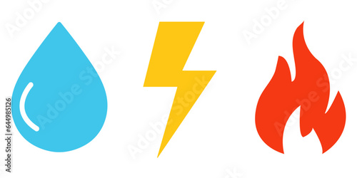 Gas water electricity icon set vector illustration in flat trendy style isolated on white background, colorful gas water power icon set, power fire and water drop icon set.