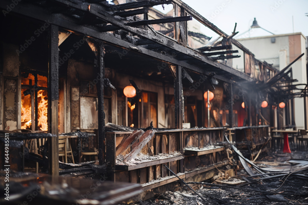 Vue extérieure d'un restaurant incendié » IA générative