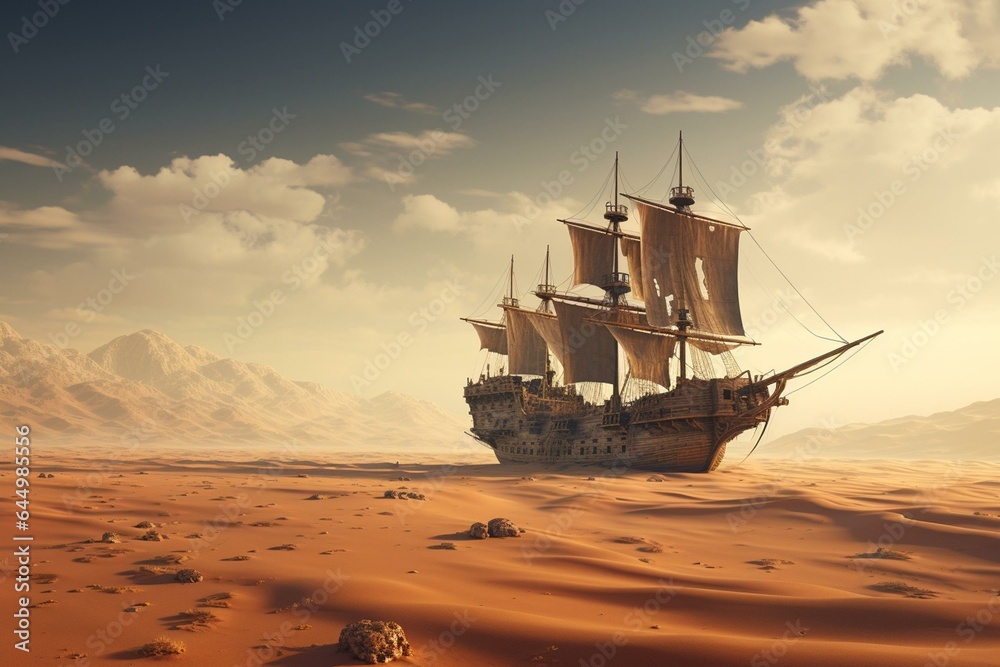 a deserted ship amidst desert dunes with distant windmills. Generative AI