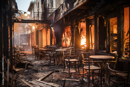 Vue de la terrasse d'un restaurant incendié » IA générative
