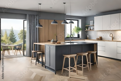 Digitally generated modern Scandinavian style domestic kitchen interior design.