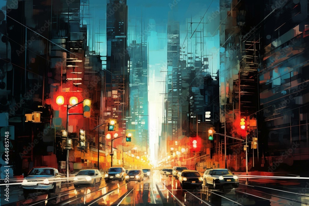 Cityscape with illuminated traffic lights, generating motion amidst the blackout. Generative AI