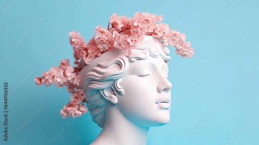 Modern concept art with roman woman head statue and flowers crown. Generative ai