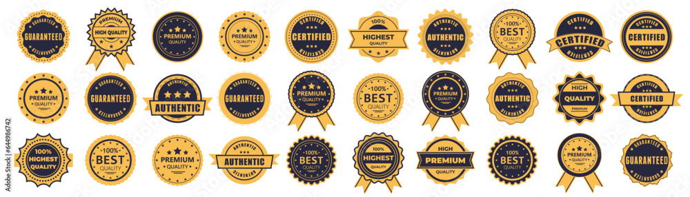 Vintage quality badges collection. Guaranteed, premium quality, authentic, certified, best quality label for promotion. Orange and blue quality badge medal
