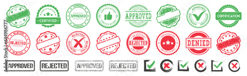 Approved and rejected grunge stamp collection. Green and red approved and rejected badge. Set of of approval badge with tick, like icons and denied badge