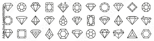 Diamond linear icons collection. Set of diamond, gem, crystal line icons. Diamond gem jewelry icons. Gemstone diamond collection