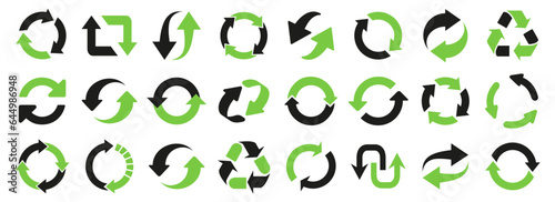 Green and black circular arrow icon collection. Upload, recycling, reusing arrow logo. Arrow icon for ecology, recycle