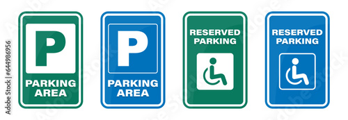 Parking area and reserved parking sign collection. Set of parking car and reserved parking for disabled person signs