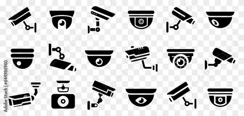 CCTV security video camera icons collection. Set of security camera icons. Black surveillance camera icons. Looking, crime, protection symbols