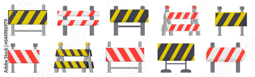 Construction and road barrier collection in a flat design. Road barrier and street fence. Road repair barriers collection. Under construction fence set