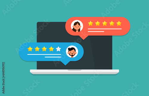 Laptop with people chat feedback message in a flat design. Review online rating on computer screen. User reviews bubble on laptop. Customer satisfaction