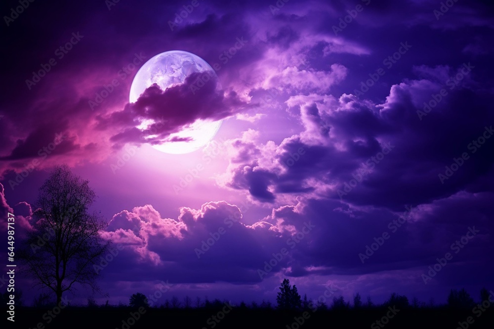 Silhouetted clouds against a purple night sky with a stunning full moon. Moon not provided. Generative AI